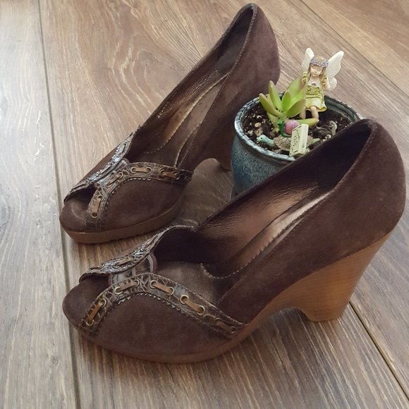 Cole Haan Brown Leather Suede Peep Toe Wedge - Picture 2 of 8